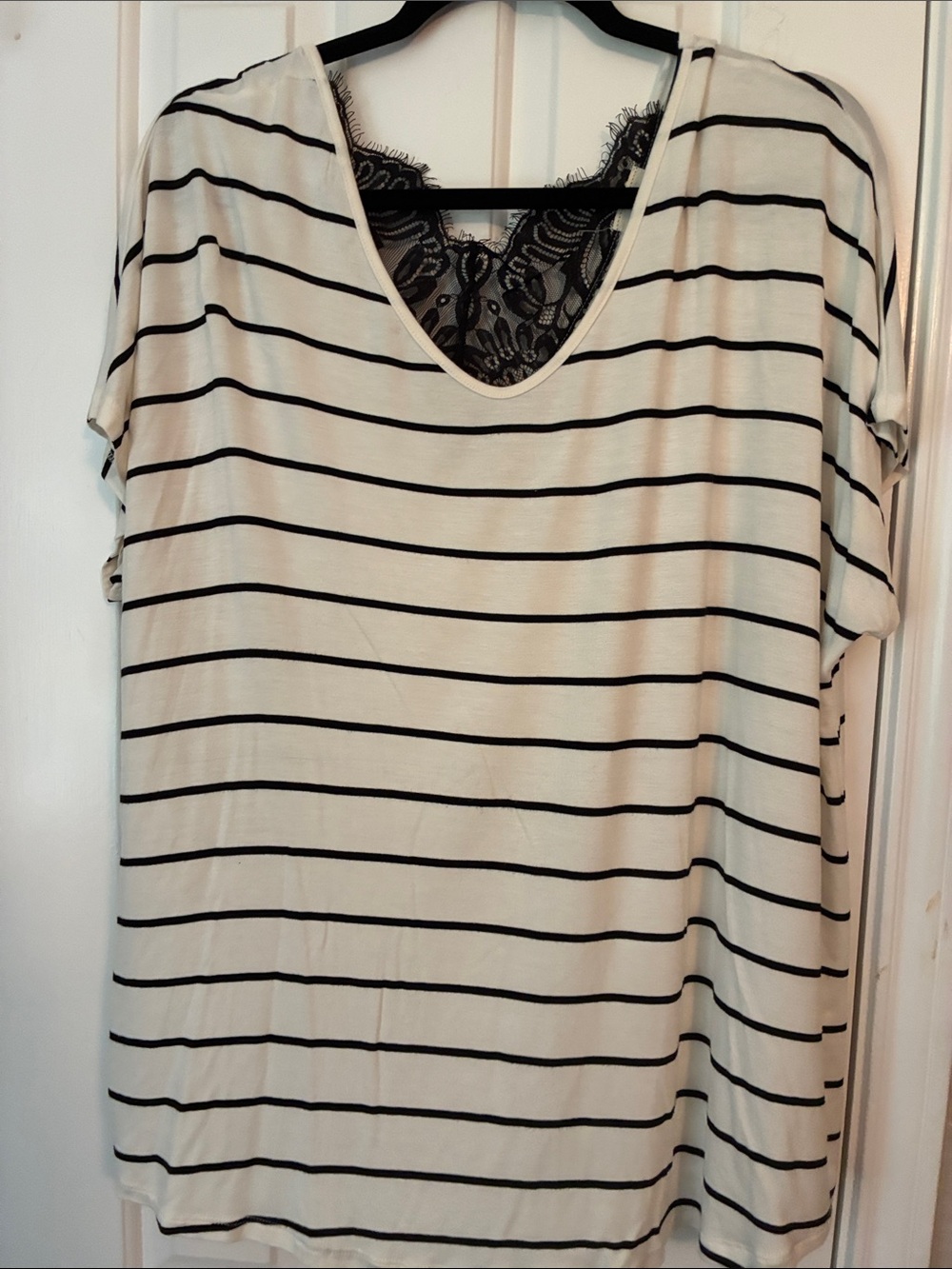 Lovely Melody Black-Striped Cream V-Neck Top with Lace Back